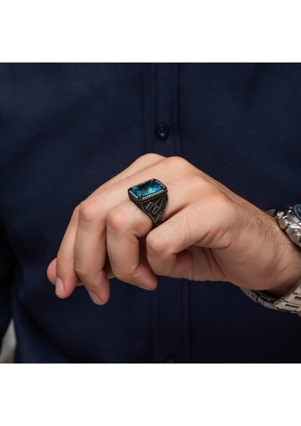 Aqua Mavi Taşlı 925 Gümüş Erkek Yüzük fırsatları