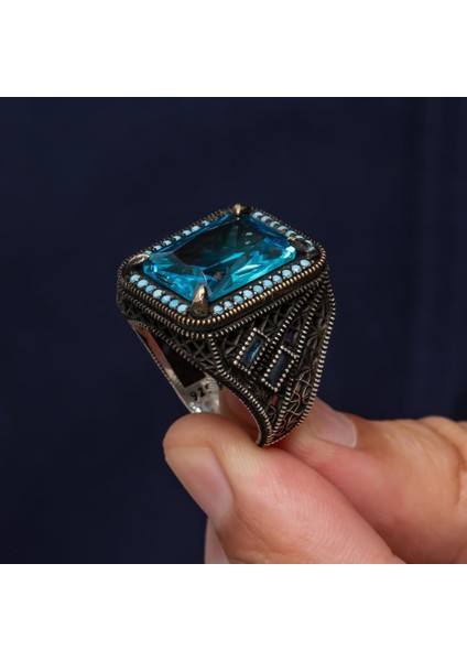 Aqua Mavi Taşlı 925 Gümüş Erkek Yüzük indirimleri