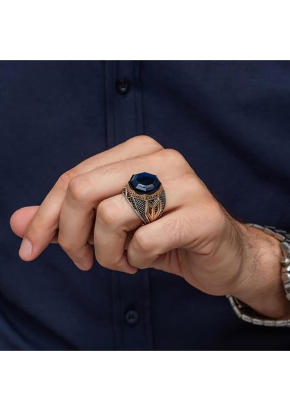 Parlament Mavi Taşlı Sekizgen Zorbey Serisi 925 Gümüş Erkek Yüzük fırsatları