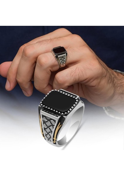 Siyah Oniks Taşlı Kazaz Model 925 Gümüş Yüzük