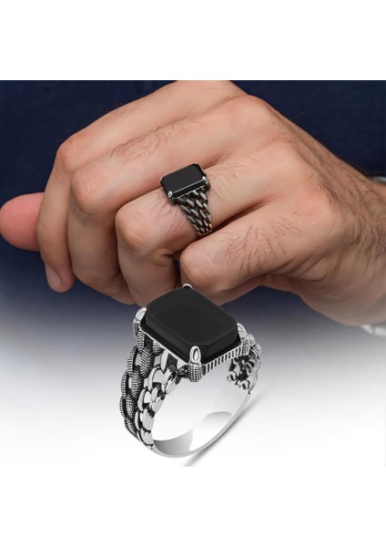 Siyah Oniks Taşlı 925 Gümüş Erkek Yüzük