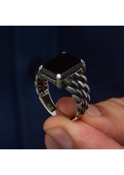 Siyah Oniks Taşlı 925 Gümüş Erkek Yüzük fırsatları
