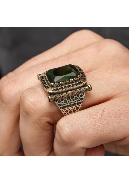 Kare Yeşil Taşlı 925 Gümüş Erkek Yüzük modelleri