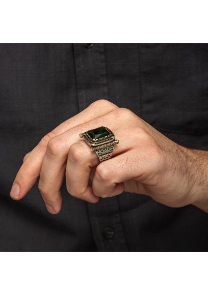 Kare Yeşil Taşlı 925 Gümüş Erkek Yüzük fırsatları