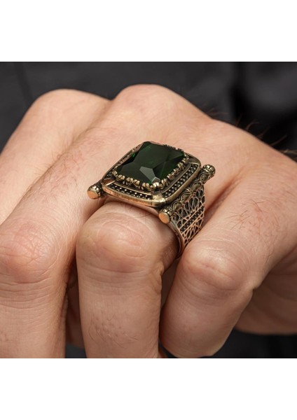 Kare Yeşil Taşlı 925 Gümüş Erkek Yüzük indirimleri