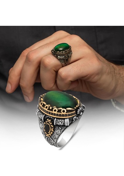 Yeşil Kaplan Gözü Taşlı 925 Gümüş Erkek Yüzük
