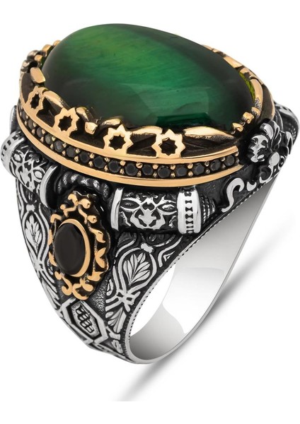 Yeşil Kaplan Gözü Taşlı 925 Gümüş Erkek Yüzük fiyatları