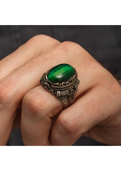 Yeşil Kaplan Gözü Taşlı 925 Gümüş Erkek Yüzük modelleri