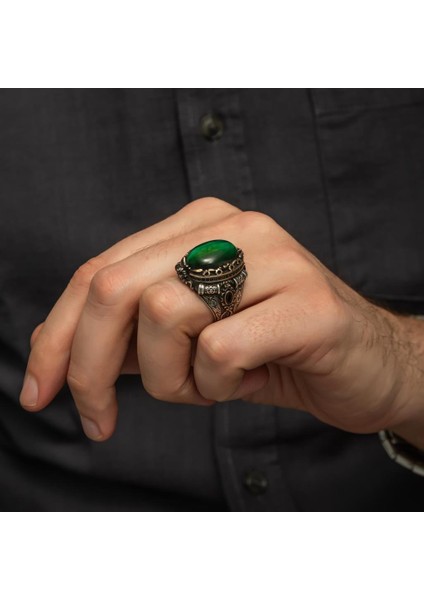 Yeşil Kaplan Gözü Taşlı 925 Gümüş Erkek Yüzük fırsatları