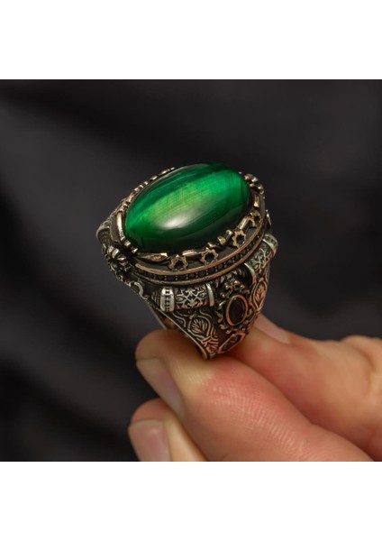 Yeşil Kaplan Gözü Taşlı 925 Gümüş Erkek Yüzük indirimleri