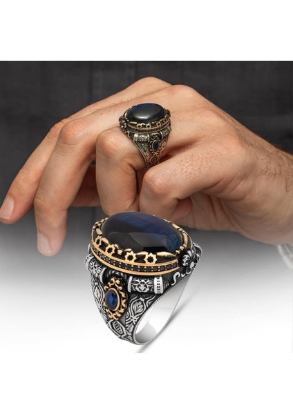 Oval Mavi Kaplan Gözü Taşlı 925 Gümüş Yüzük