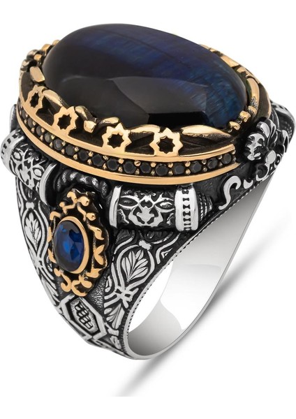 Oval Mavi Kaplan Gözü Taşlı 925 Gümüş Yüzük fiyatları