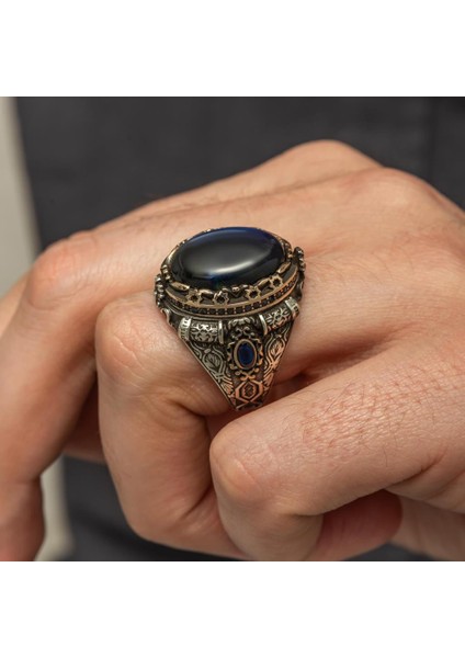 Oval Mavi Kaplan Gözü Taşlı 925 Gümüş Yüzük modelleri