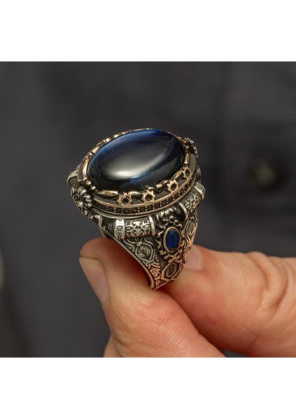 Oval Mavi Kaplan Gözü Taşlı 925 Gümüş Yüzük indirimleri
