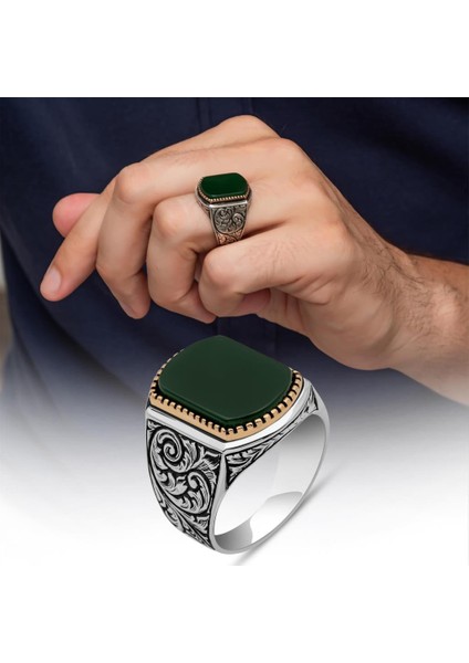 Yeşil Akik Taşlı Oyma Motif 925 Gümüş Erkek Yüzük