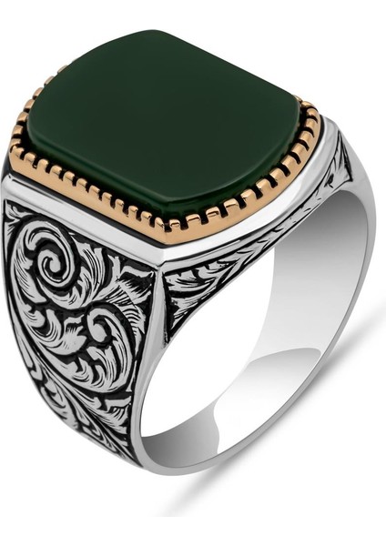 Yeşil Akik Taşlı Oyma Motif 925 Gümüş Erkek Yüzük fiyatları