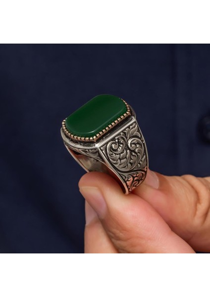 Yeşil Akik Taşlı Oyma Motif 925 Gümüş Erkek Yüzük fırsatları