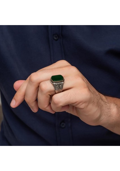 Yeşil Akik Taşlı Oyma Motif 925 Gümüş Erkek Yüzük indirimleri