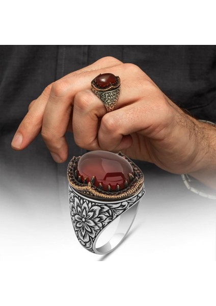 Akik Taşlı Kakma Oyma Motif 925 Gümüş Erkek Yüzük