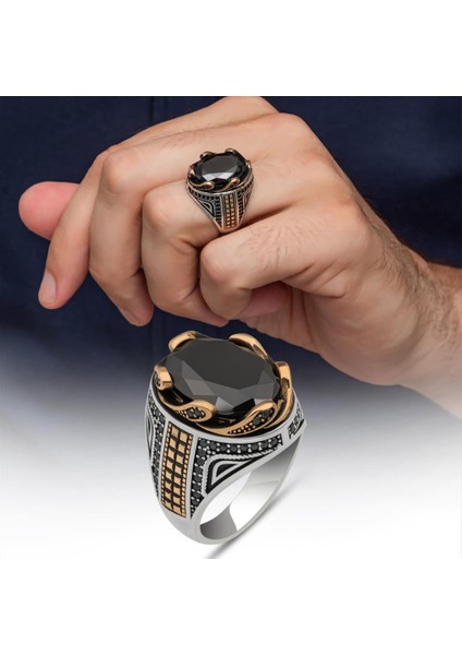 Siyah Taşlı Dalga Desen 925 Gümüş Yüzük