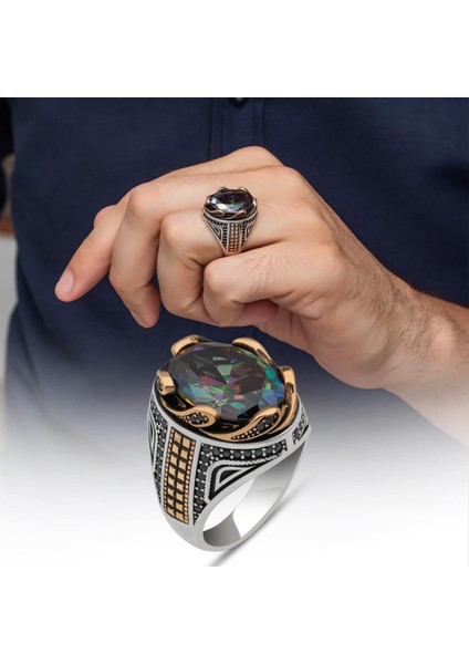 Mistik Topaz Taşlı Dalga Desen 925 Gümüş Yüzük