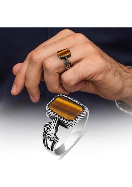 Kaplan Gözü Taşlı Tuğra Motifli 925 Gümüş Erkek Yüzük