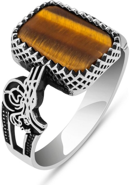 Kaplan Gözü Taşlı Tuğra Motifli 925 Gümüş Erkek Yüzük fiyatları