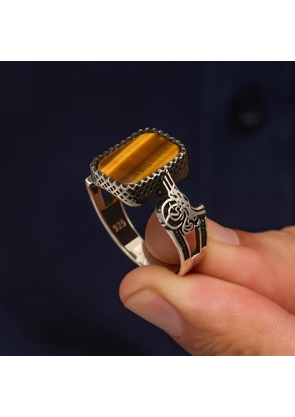 Kaplan Gözü Taşlı Tuğra Motifli 925 Gümüş Erkek Yüzük fırsatları