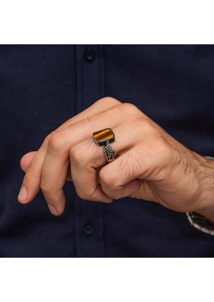 Kaplan Gözü Taşlı Tuğra Motifli 925 Gümüş Erkek Yüzük indirimleri
