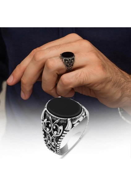 Oval Siyah Oniks Taşlı 925 Gümüş Erkek Yüzük