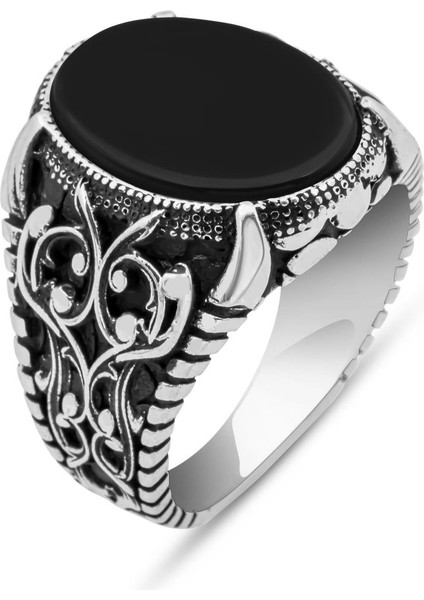 Oval Siyah Oniks Taşlı 925 Gümüş Erkek Yüzük fiyatları