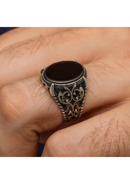 Oval Siyah Oniks Taşlı 925 Gümüş Erkek Yüzük modelleri