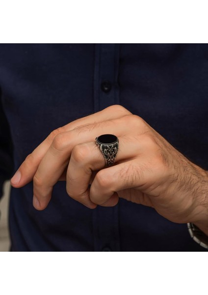 Oval Siyah Oniks Taşlı 925 Gümüş Erkek Yüzük fırsatları