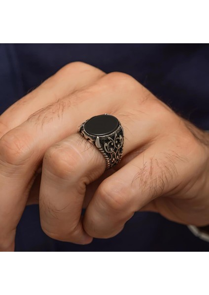 Oval Siyah Oniks Taşlı 925 Gümüş Erkek Yüzük indirimleri