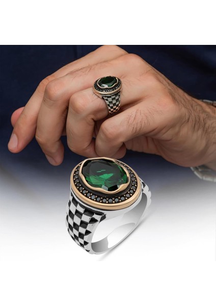 Oval Yeşil Taşlı Kordon Modeli 925 Gümüş Erkek Yüzük