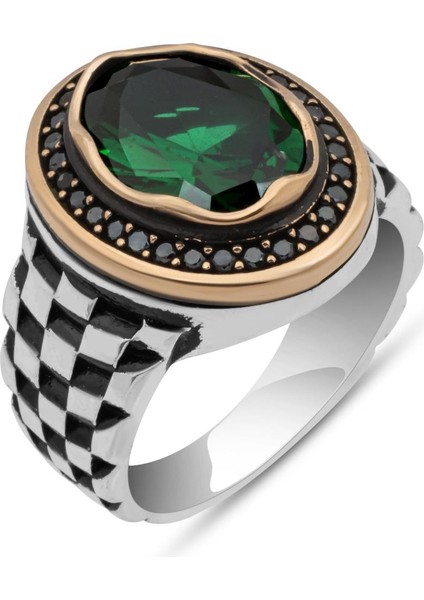 Oval Yeşil Taşlı Kordon Modeli 925 Gümüş Erkek Yüzük fiyatları