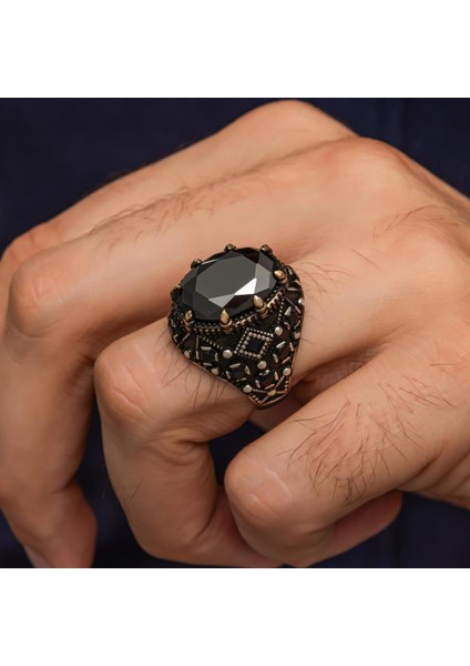 Oval Siyah Taşlı 925 Gümüş Erkek Yüzük modelleri