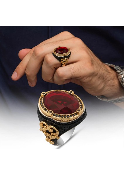 Oval Kırmızı Taşlı 925 Gümüş Erkek Yüzük