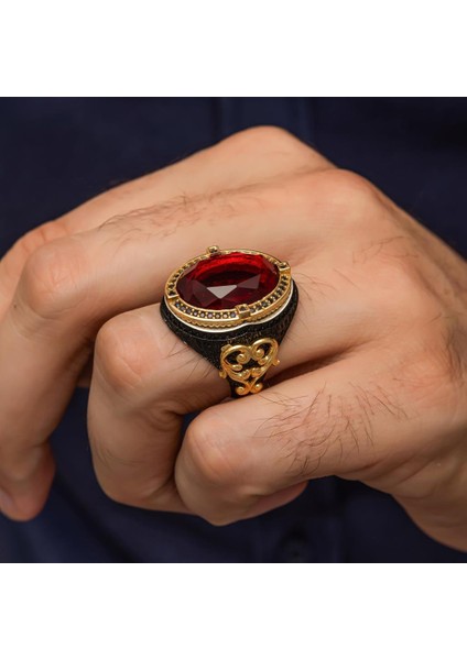 Oval Kırmızı Taşlı 925 Gümüş Erkek Yüzük