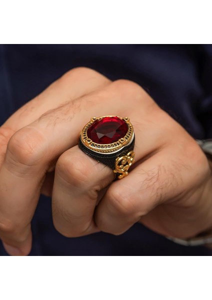 Oval Kırmızı Taşlı 925 Gümüş Erkek Yüzük