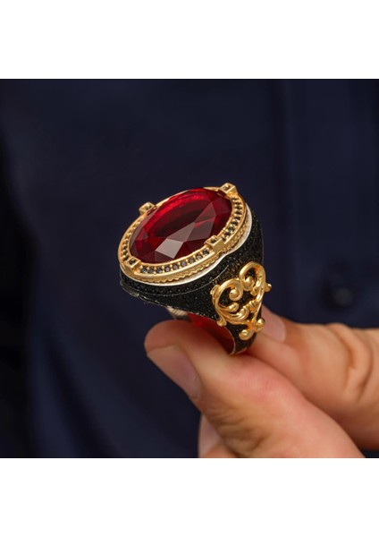 Oval Kırmızı Taşlı 925 Gümüş Erkek Yüzük
