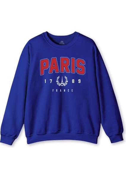 Bisiklet Yaka Sweatshirt France Paris Fransa Baskılı Mavi Sweat Yumuşak Sweat