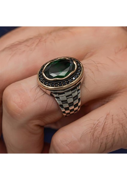 Oval Yeşil Taşlı Kordon Modeli 925 Gümüş Erkek Yüzük modelleri