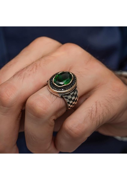 Oval Yeşil Taşlı Kordon Modeli 925 Gümüş Erkek Yüzük indirimleri