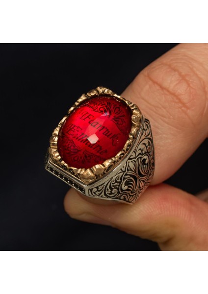 Isimli Kırmızı Taşlı 925 Gümüş Yüzük modelleri