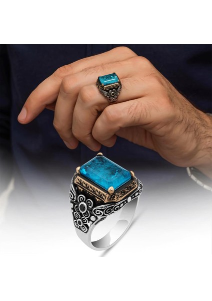 Mavi Paraiba Taşlı Kare 925 Gümüş Erkek Yüzük