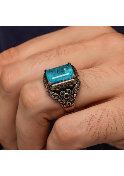 Mavi Paraiba Taşlı Kare 925 Gümüş Erkek Yüzük modelleri