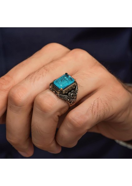 Mavi Paraiba Taşlı Kare 925 Gümüş Erkek Yüzük fırsatları