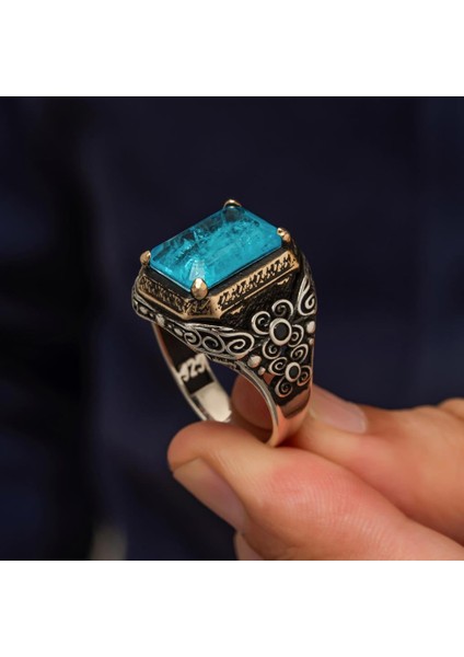 Mavi Paraiba Taşlı Kare 925 Gümüş Erkek Yüzük indirimleri