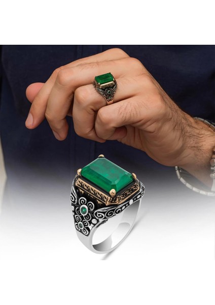 Kare Yeşil Paraipa Taşlı 925 Gümüş Erkek Yüzük